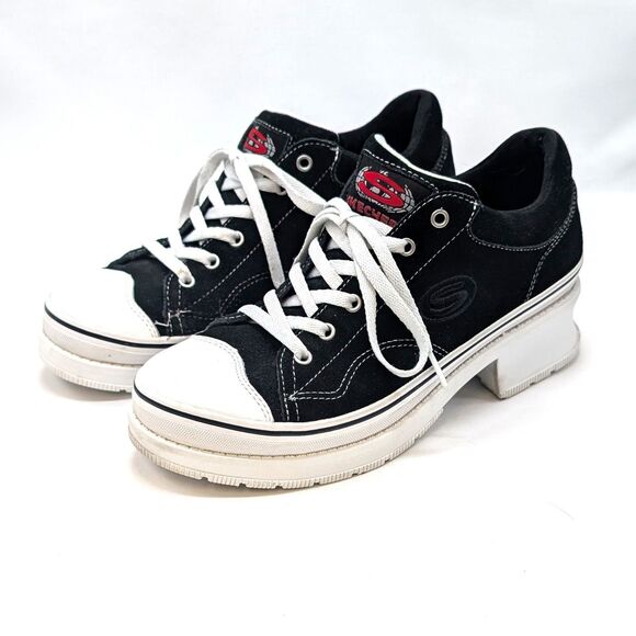 Y2K Sketchers Black Softy Heartbeat Suede Platform Chunky Heel Black Size 9 - Picture 1 of 7